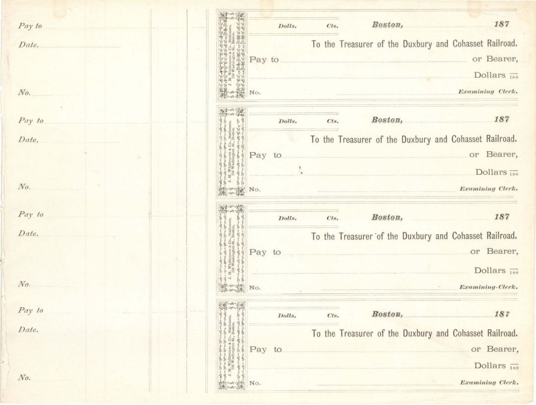 Treasurer of the Duxbury and Cohasset Railroad -  Uncut Sheet of 4 Unissued Checks