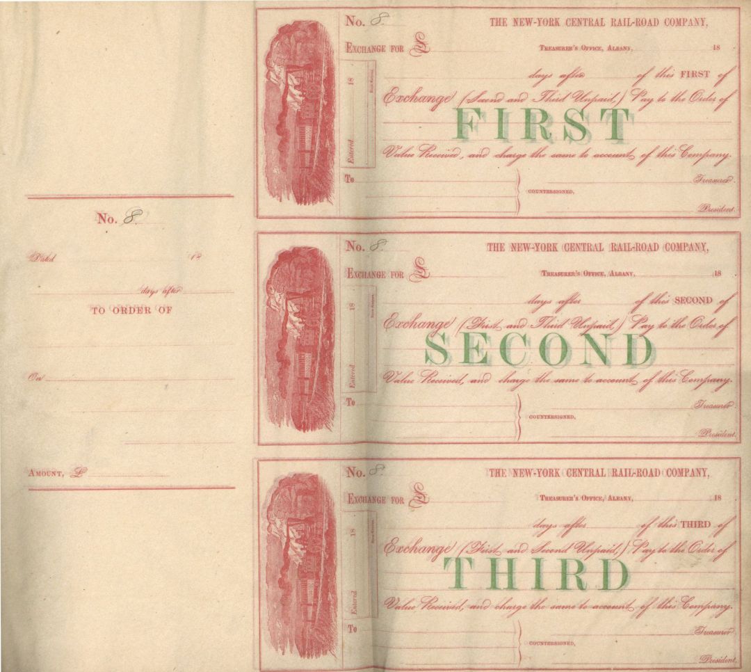 Uncut Sheet of 3 New York Central Railroad Co. Checks - Unissued Railway Check Sheet of Three