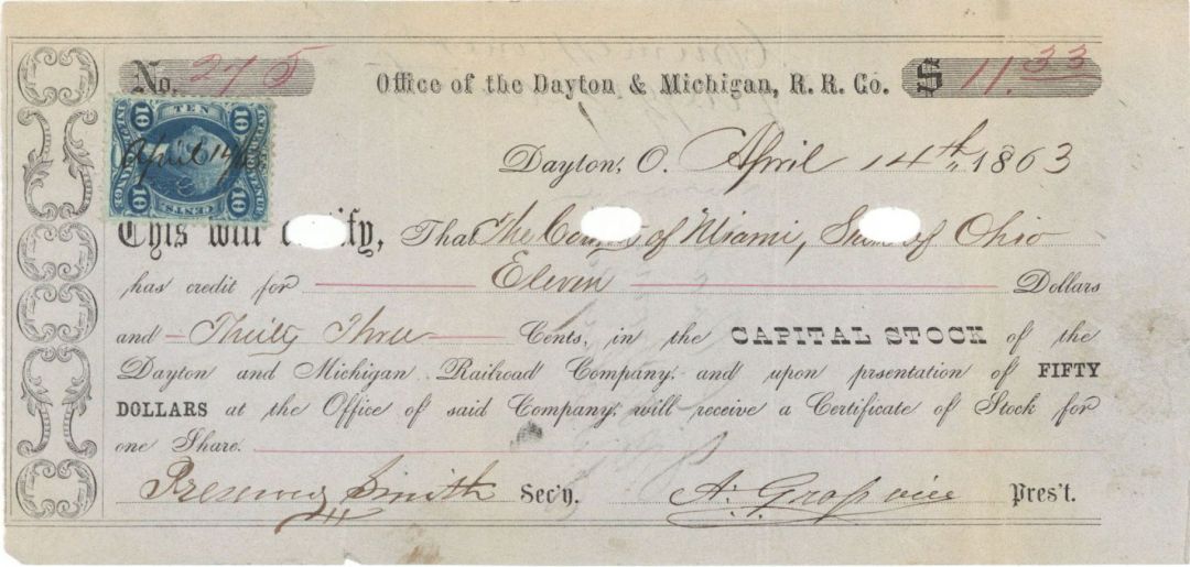 Dayton & Michigan R. R. Co. - 1860's-1870's dated Railroad Check