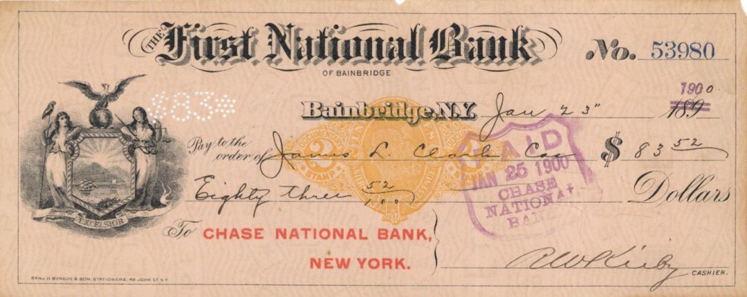First National Bank of Bainbridge, New York - 1900 dated Imprinted Revenue Check