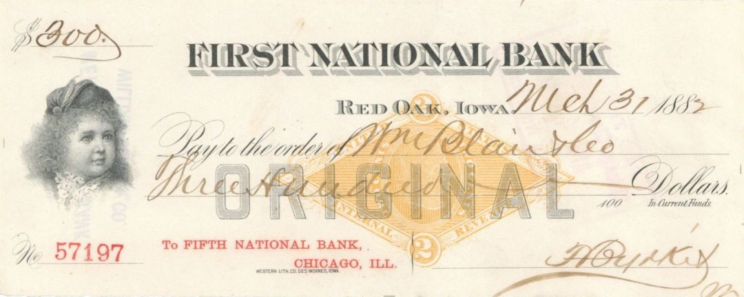 First National Bank - Red Oak, Iowa - Imprinted Revenue Checks