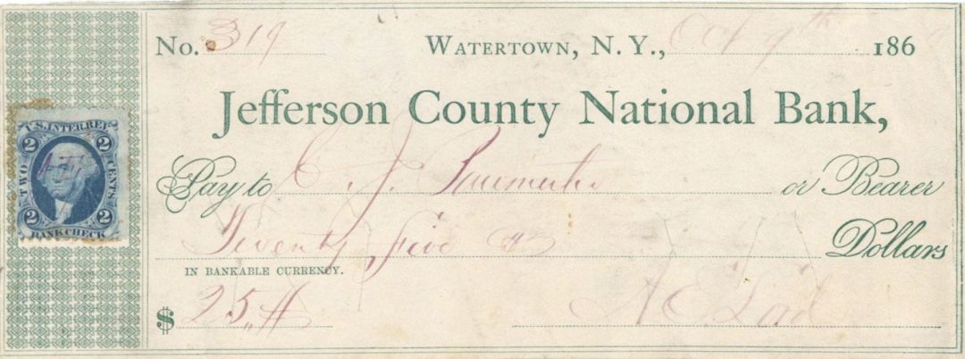 Jefferson County National Bank Check with Revenue Stamp dated 1869 - New York Check