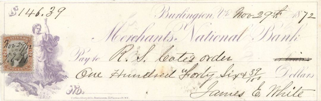 Merchants National Bank Check with Revenue Stamp dated 1872 - Burlington, Vermont Check