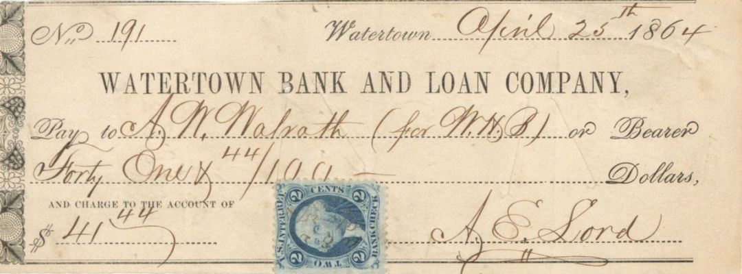 Watertown Bank and Loan Co. Check with Revenue Stamp dated 1864 - Checks