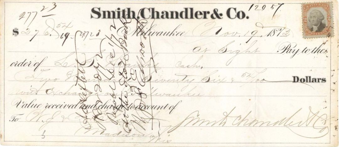 Smith, Chandler and Co. with Revenue Stamp - 1872, 1874 or 1877 dated Check