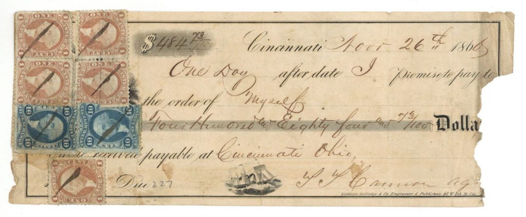 Check with 7 revenue stamps - 1866 dated Check