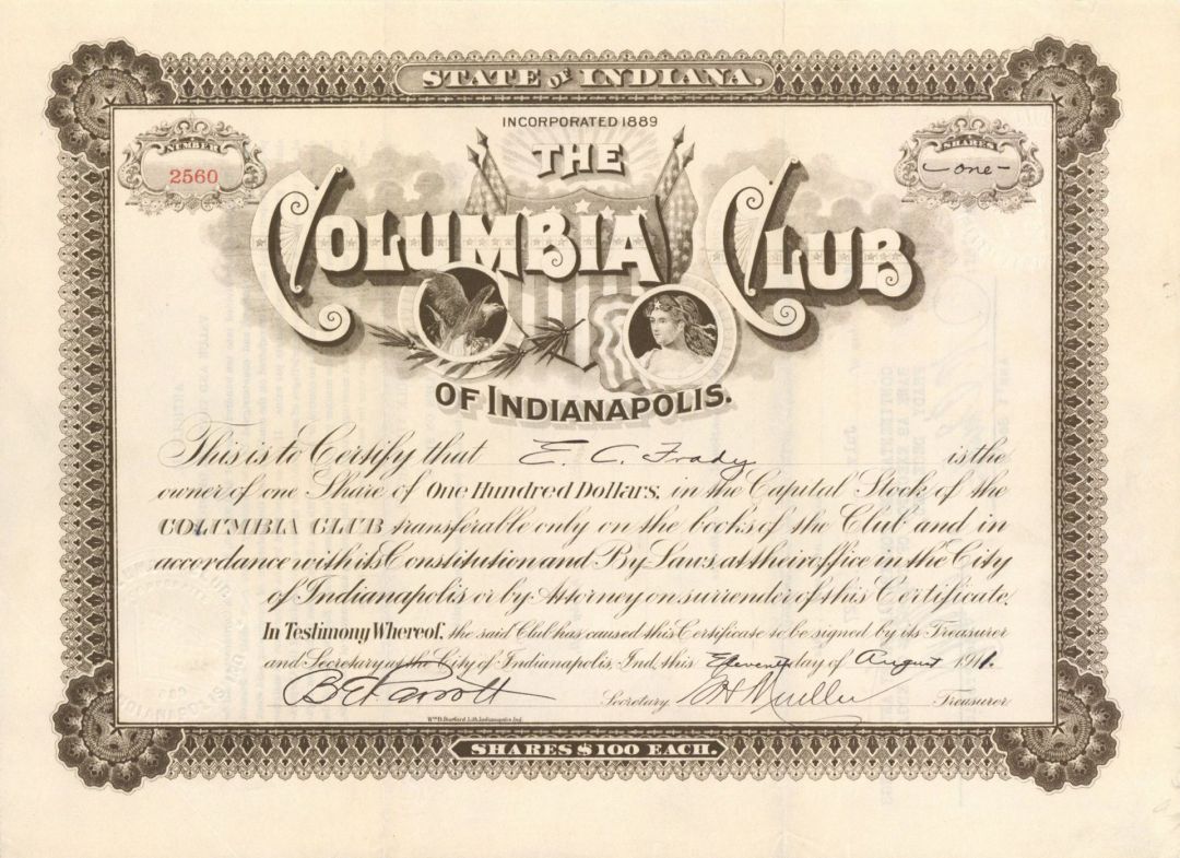 Columbia Club of Indianapolis - Stock Certificate