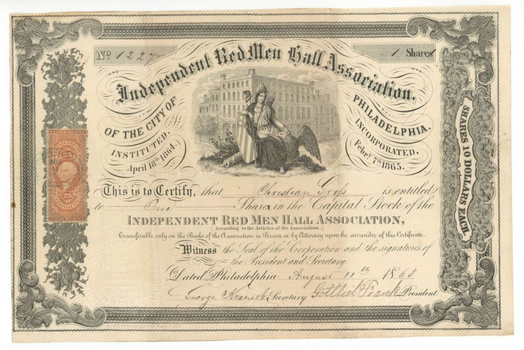 Independent Red Men Hall Association - Stock Certificate