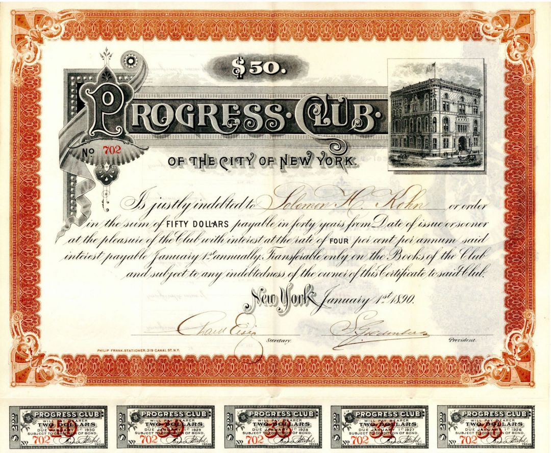 Progress Club of the City of New York - $50 Bond (Uncanceled)
