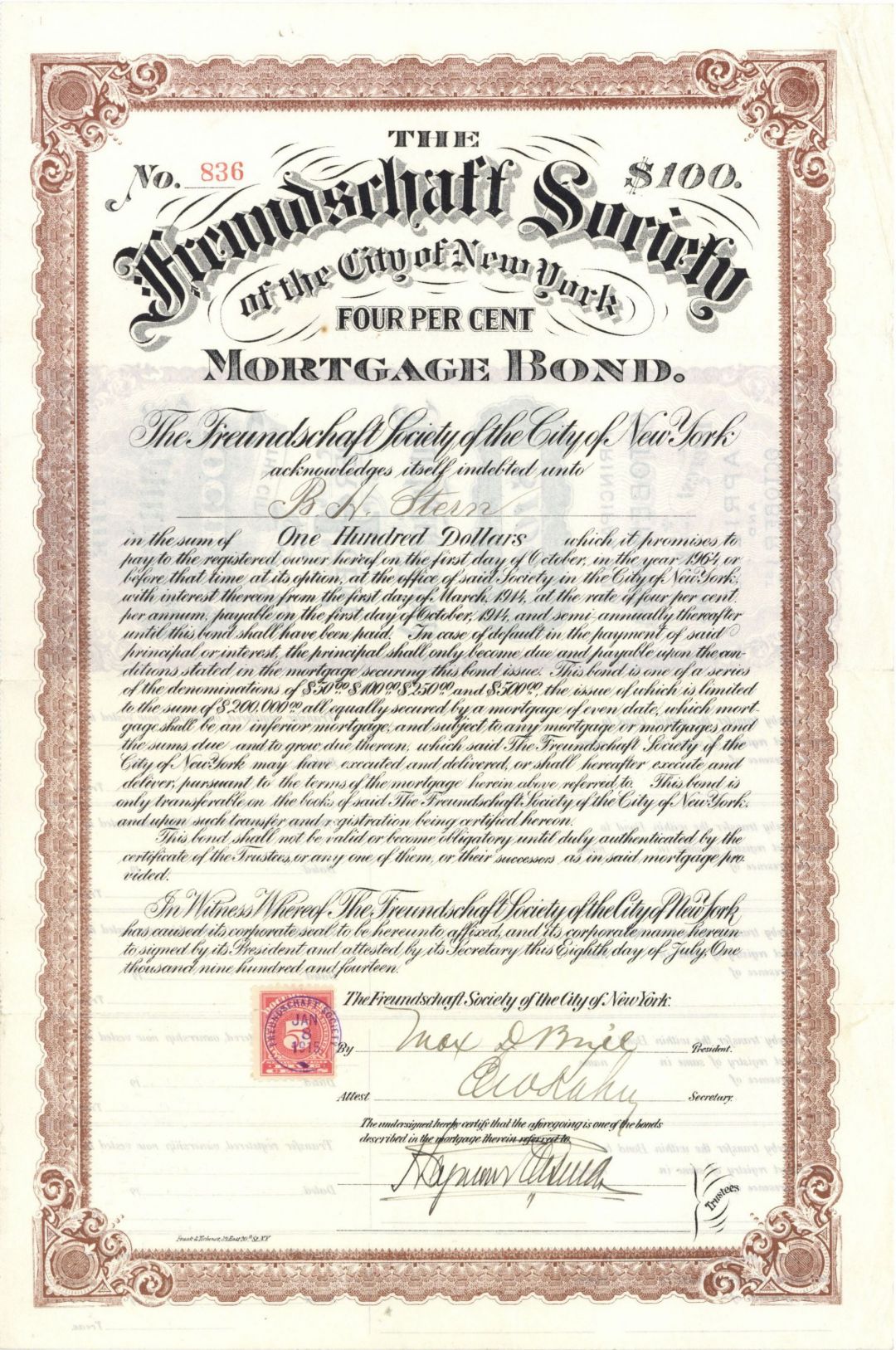 Freundschaft Society of the City of New York - $50 or $100 Bond