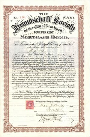 Freundschaft Society of the City of New York - $50 or $100 Bond