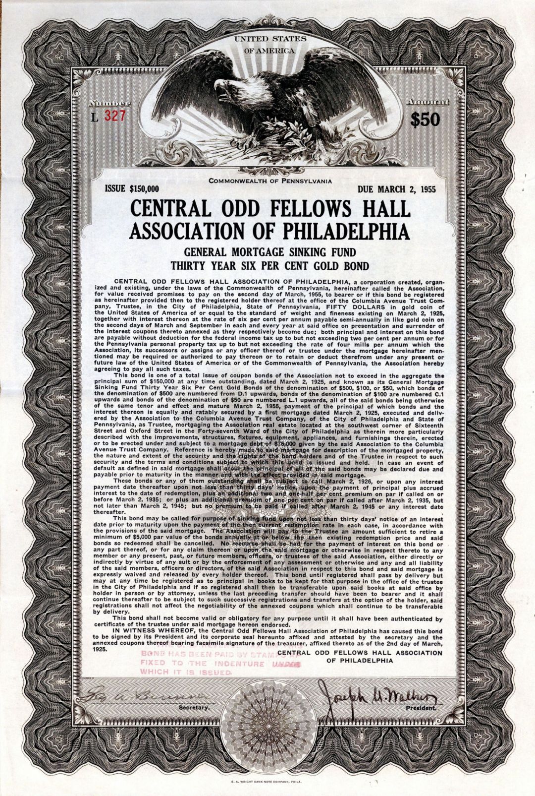 Central Odd Fellows Hall Association of Philadelphia - $50 Bond