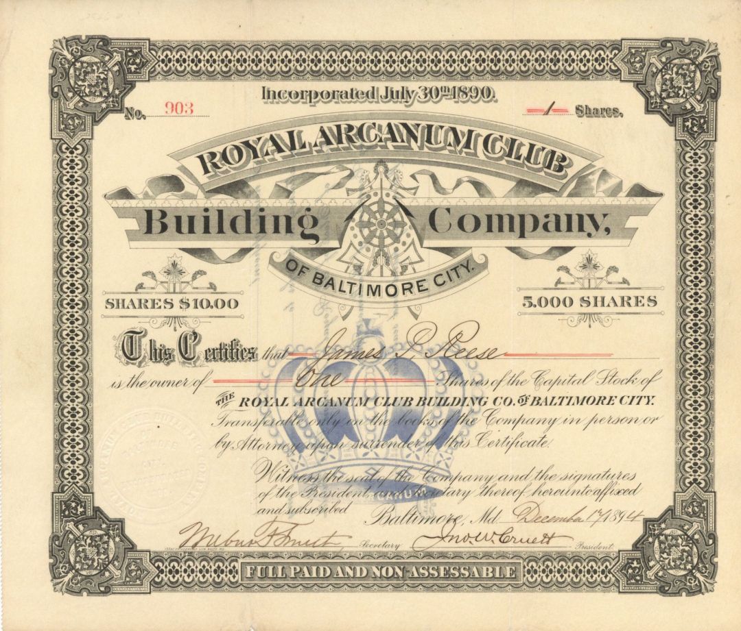 Royal Arcanum Club Building Co. of Baltimore City - Stock Certificate