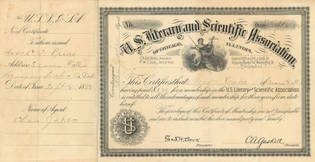 U.S. Literary and Scientific Association - Club Membership Certificate