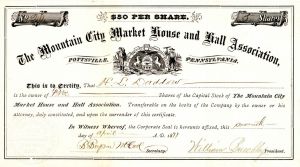 Mountain City Market House and Hall Association, Pottsville, Pennsylvania - Stock Certificate