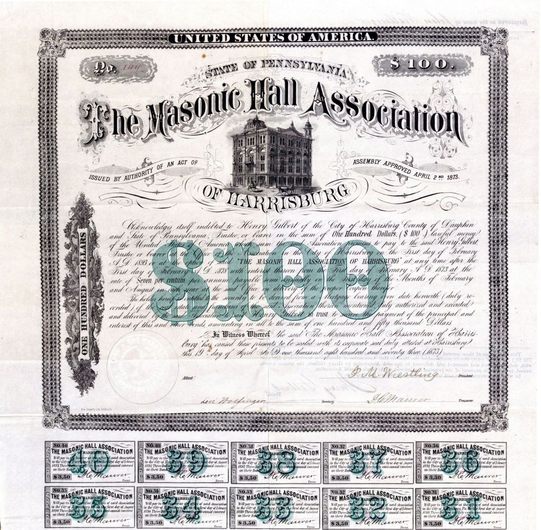 Masonic Hall Association of Harrisburg - $100 Bond (Uncanceled)