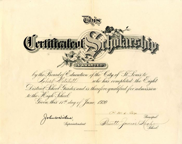 Certificate of Scholarship of the City of St. Louis