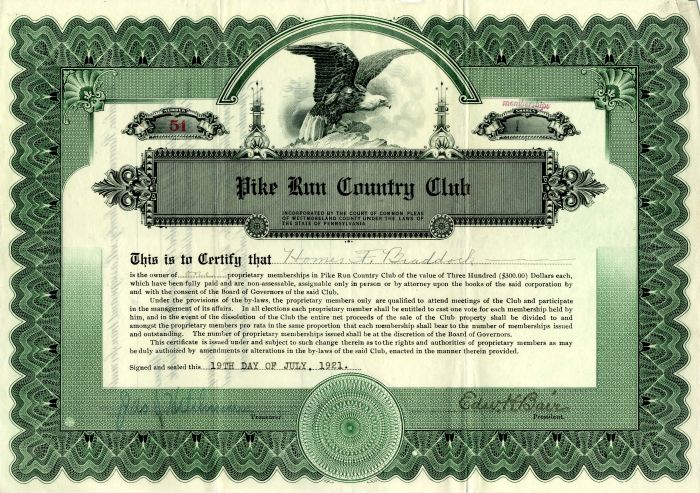 Pike Run Country Club - Golf Related Stock Certificate