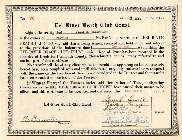 Eel River Beach Club Trust - Stock Certificate