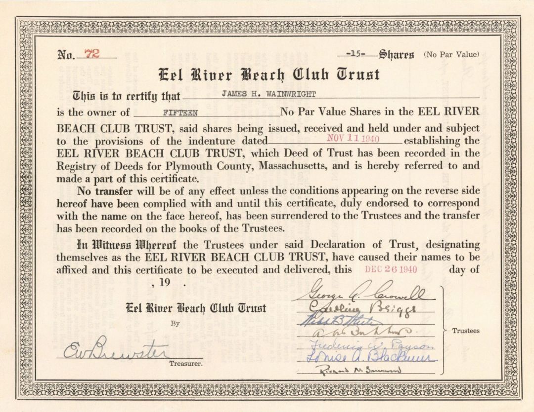 Eel River Beach Club Trust - Stock Certificate