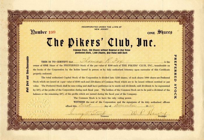 Pikers' Club, Inc. - Stock Certificate
