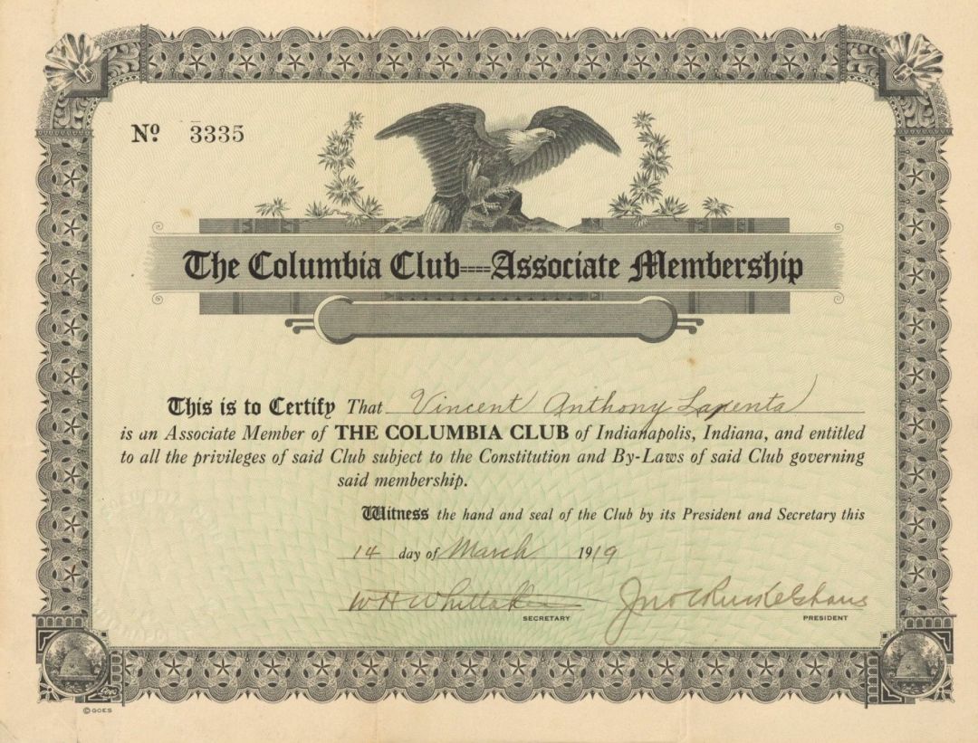 Columbia Club===Associate Membership - Stock Certificate