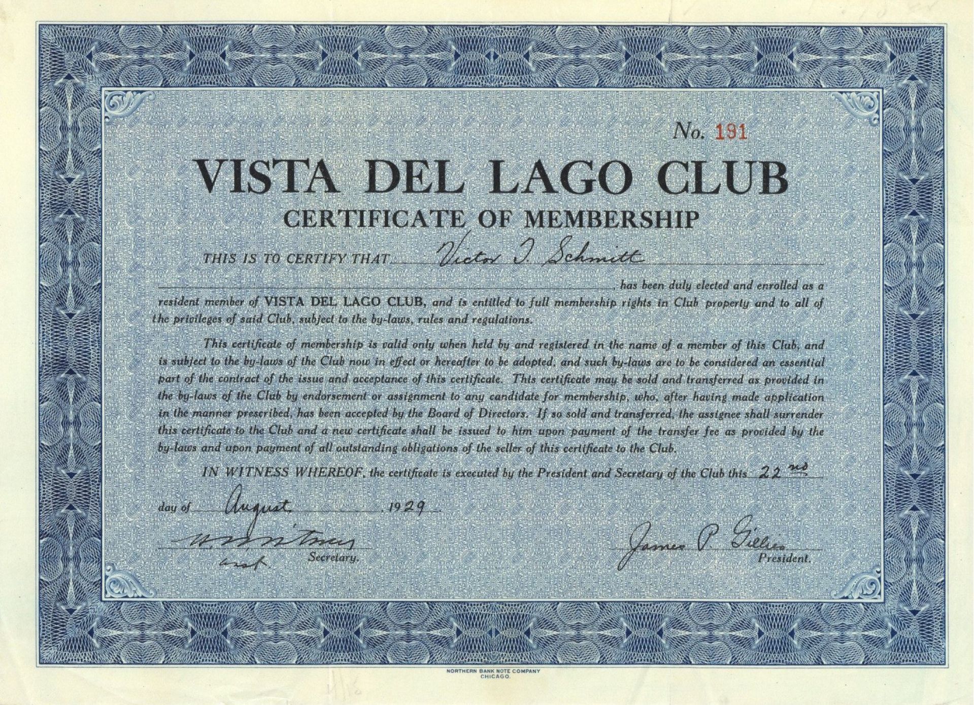 Vista Del Lago Club - Stock Certificate