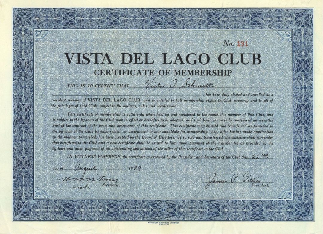 Vista Del Lago Club - Stock Certificate