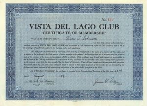 Vista Del Lago Club - Stock Certificate