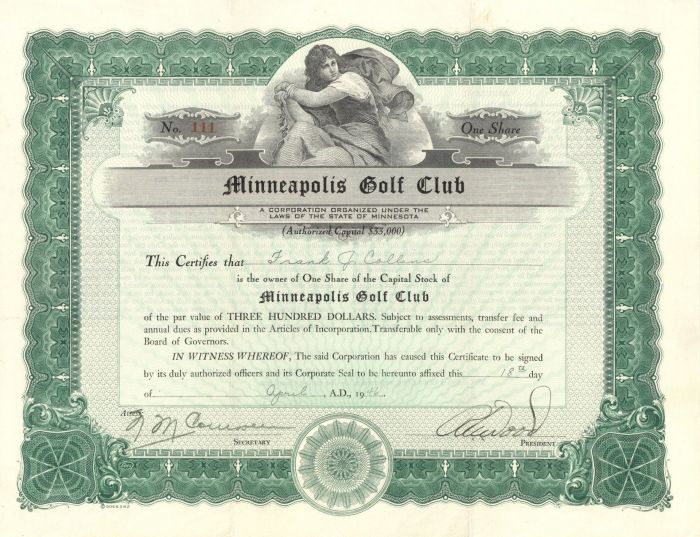 Minneapolis Golf Club - Sports Stock Certificate