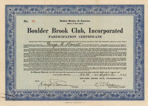 Boulder Brook Club, Inc. - Stock Certificate