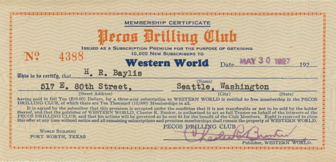 Membership Certificate for Pecos Drilling Club - Clubs
