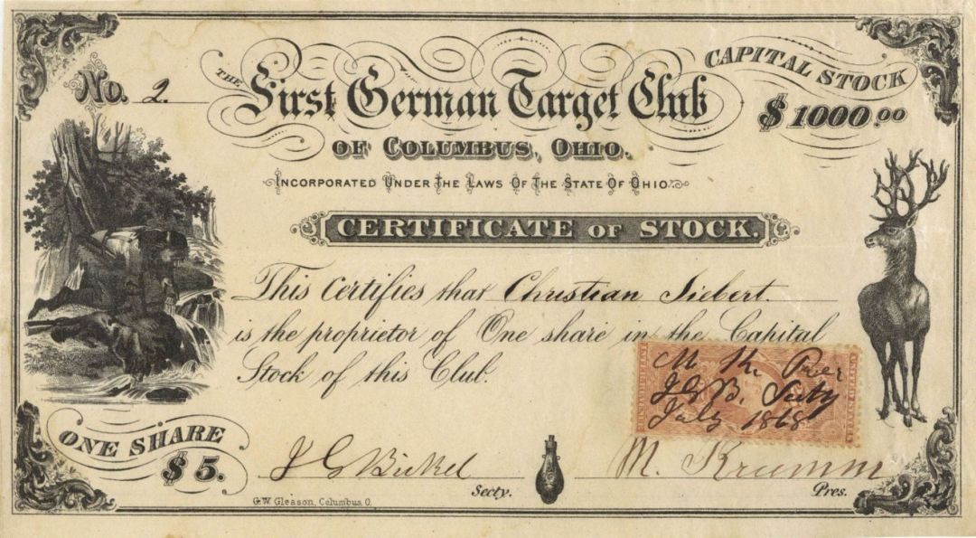 First German Target Club - 1868 dated Gun Club Stock Certificate