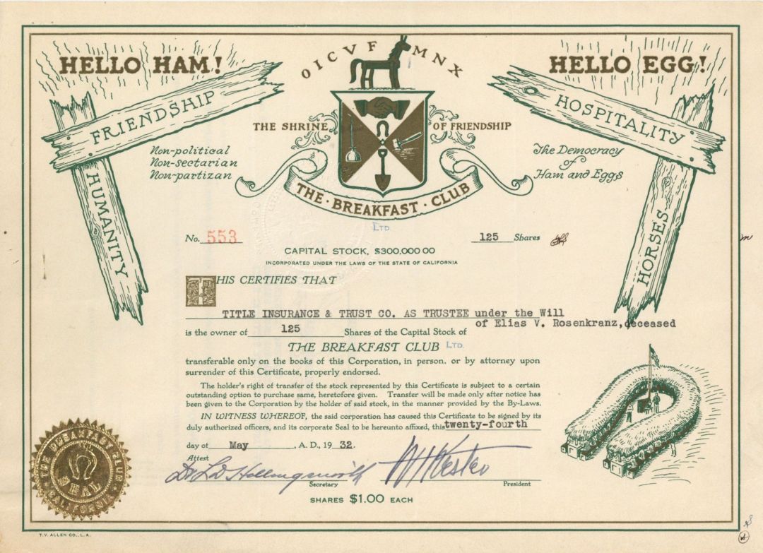 Breakfast Club Ltd. - 1932 dated Stock Certificate