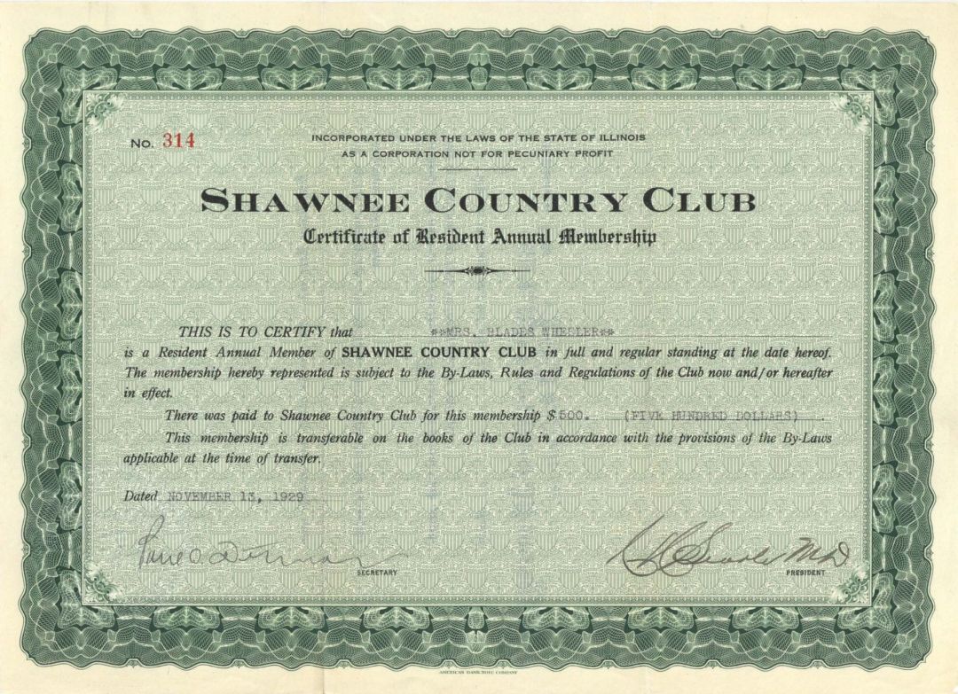 Shawnee Country Club  - 1929 dated Stock Certificate