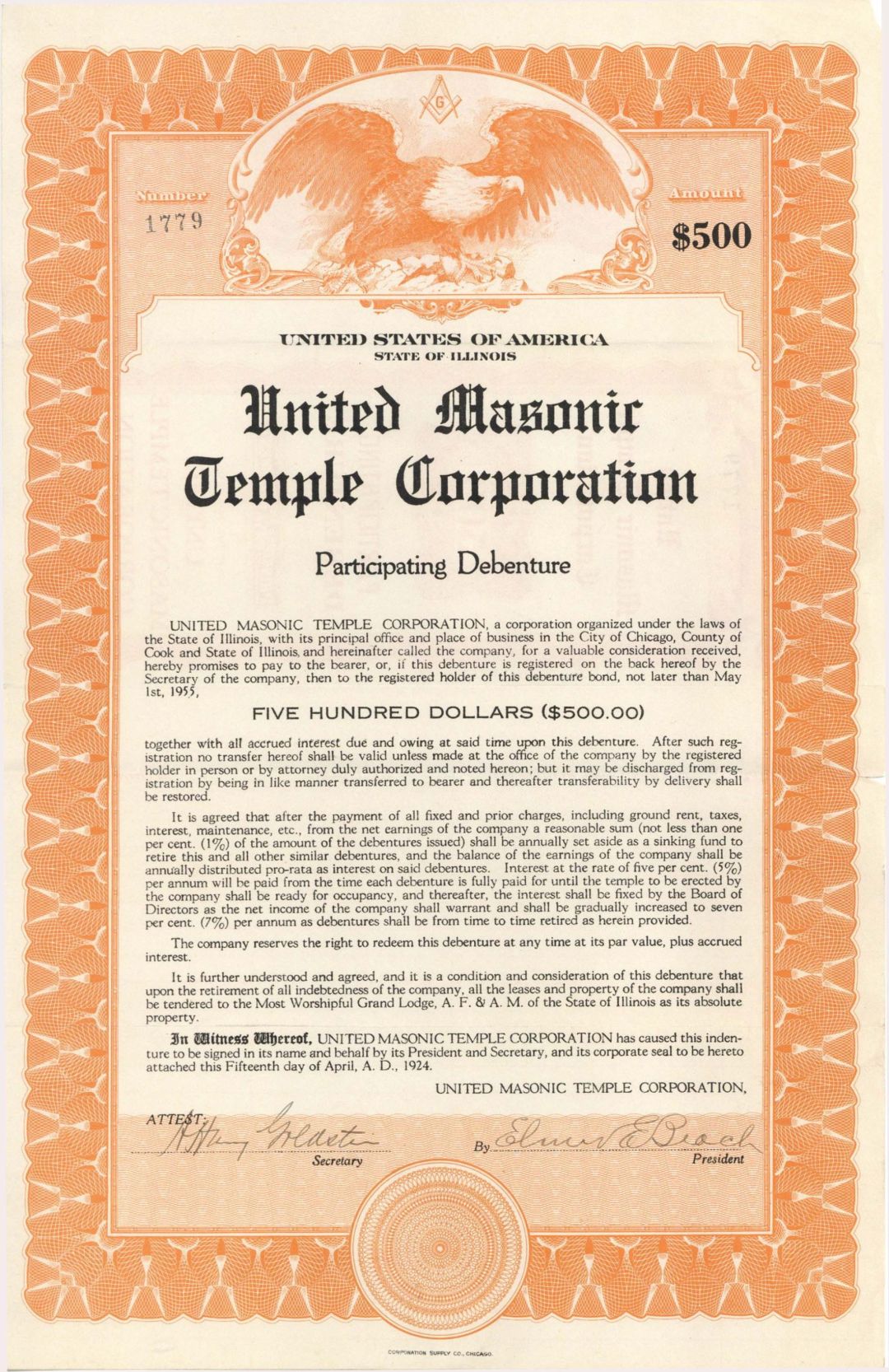 United Masonic Temple Corp.  - 1924 dated $500 Bond