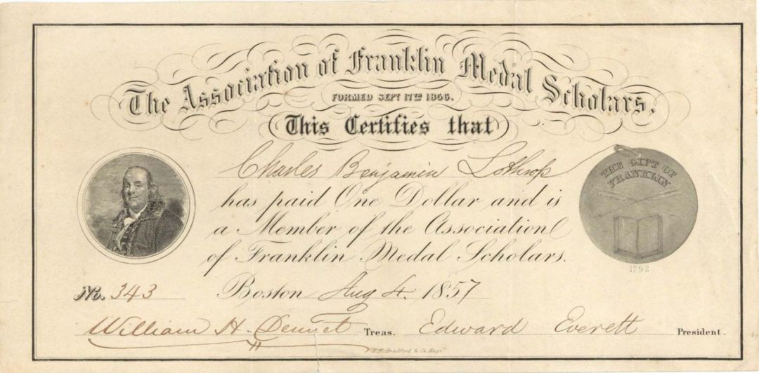 Association of Franklin Medal Scholars  - 1857 dated Certificate