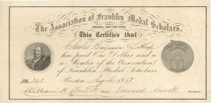 Association of Franklin Medal Scholars  - 1857 dated Certificate
