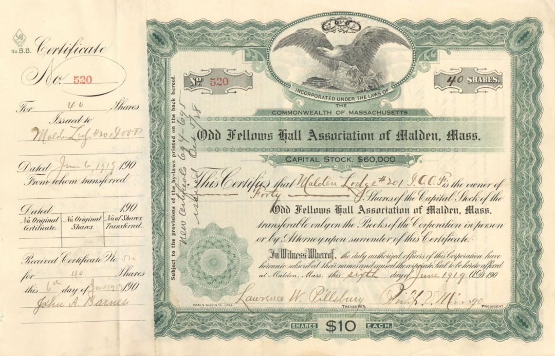 Odd Fellows Hall Association of Malden, Mass.  - 1919-1934 dated Stock Certificate