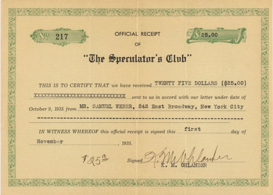 Speculator's Club Receipt - 1935 dated Official Receipt