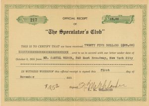 Speculator's Club Receipt - 1935 dated Official Receipt