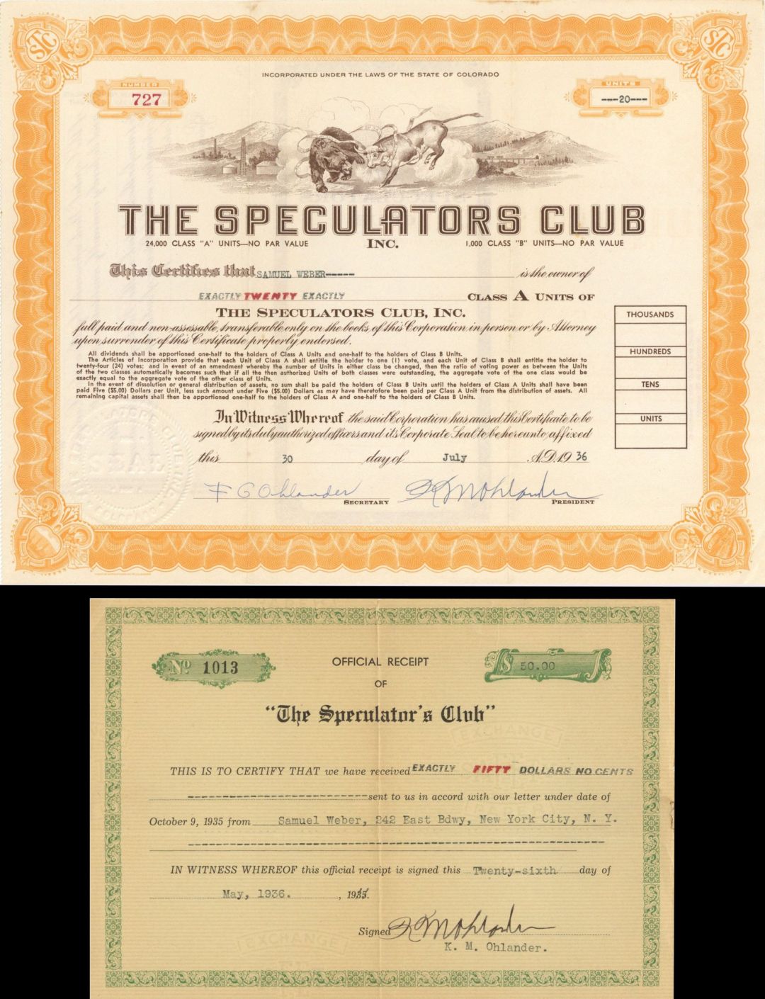 Speculators Club Inc. - 1936 dated Stock Certificate and Receipt