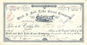 Utah and Salt Lake Canal Co. - 1891-97 Canal Stock Certificate