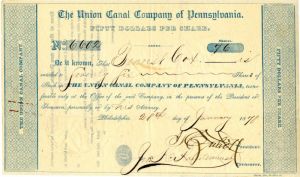 Union Canal Co. of Pennsylvania - 1878 dated Canal Stock Certificate - Very Rare