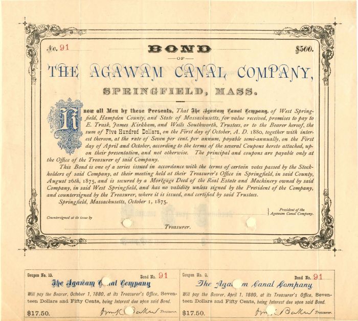 Agawam Canal Co. - 1875 Springfield Massachusetts $500 Canal Bond