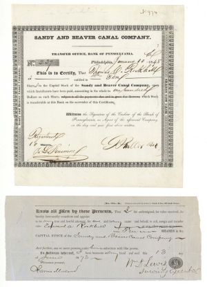 Sandy and Beaver Canal Co. Stocks - 1848 dated Pennsylvania Canal Stock Certificate with a 1873 dated Stock Transfer Receipt