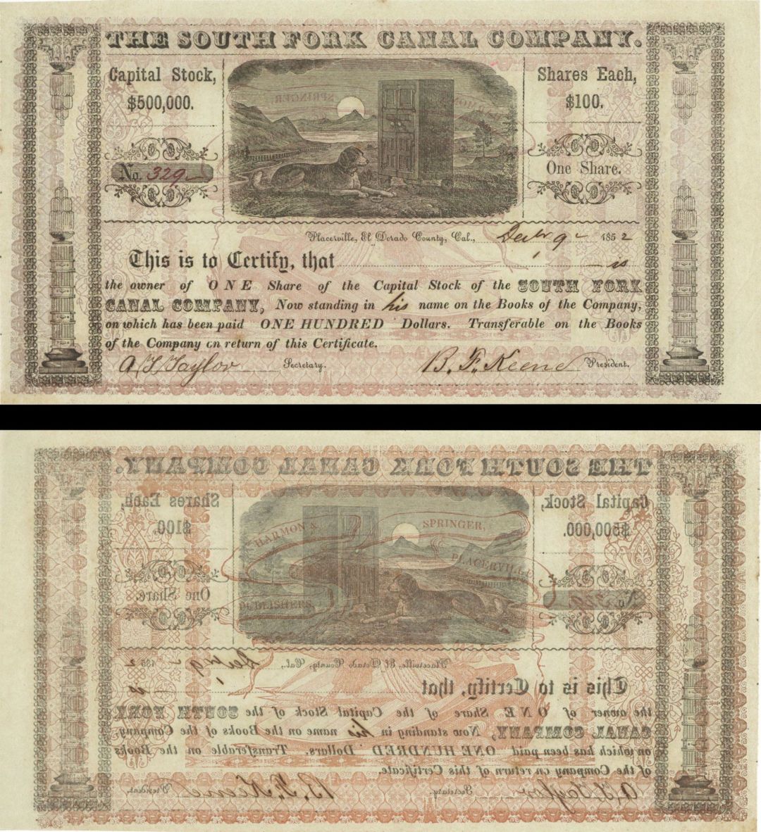 South Fork Canal Co. - 1852 dated Canal Stock Certificate