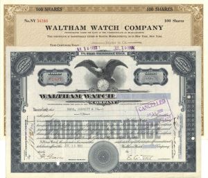 Waltham Watch Co - Pair of Stock Certificates - Two (2) Certificates