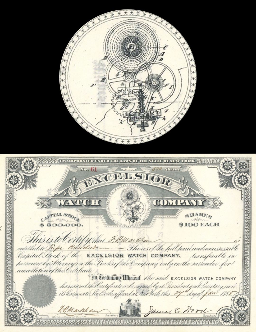 Excelsior Watch Co.  - 1885 dated Stock Certificate