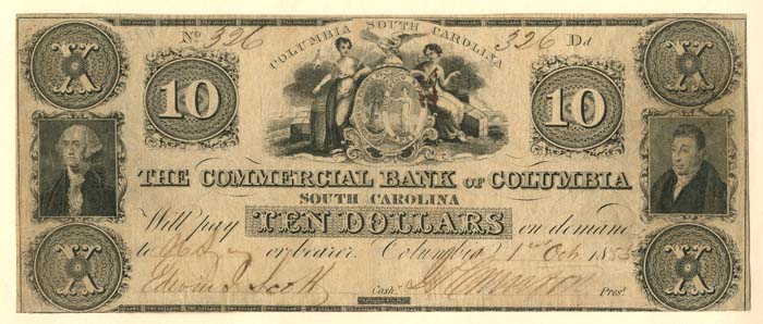 Commercial Bank of Columbia - 1855 dated $10 Obsolete Banknote - Paper Money